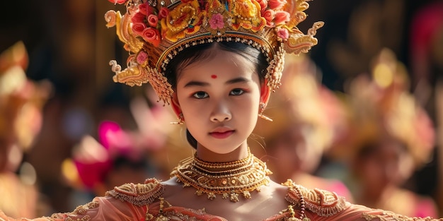 Menina balinesa se apresentando em vestido tradicional em Bali, Indonésia