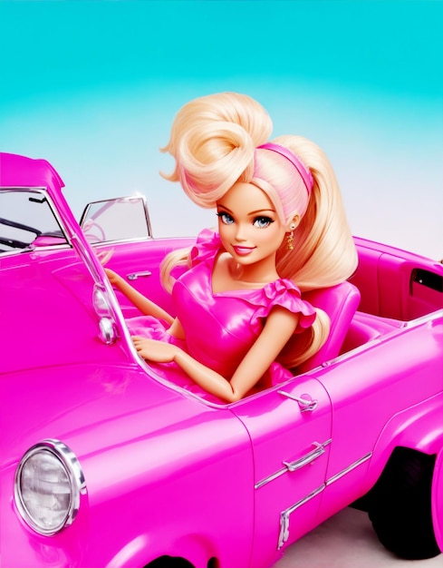 Menina Barbie com um vestido rosa vibrante sentada em um clássico carro conversível rosa vintage