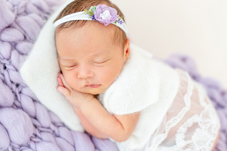 Foto menina bebê recém-nascido dormindo em uma cama pequena
