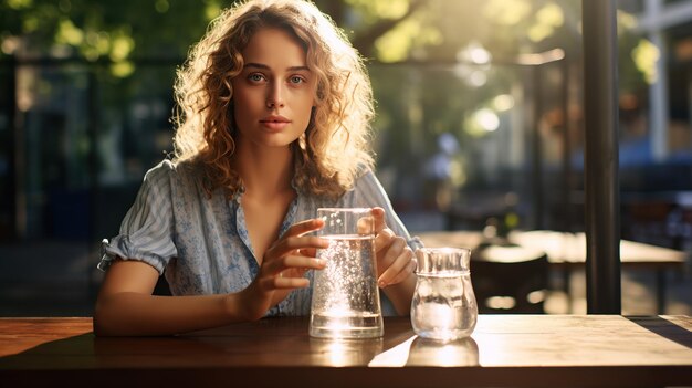 Menina bebendo água uma mulher bebendo água de vidro ao ar livre no parque Imagem de água para beber para uma boa saúde espaço de cópia para texto