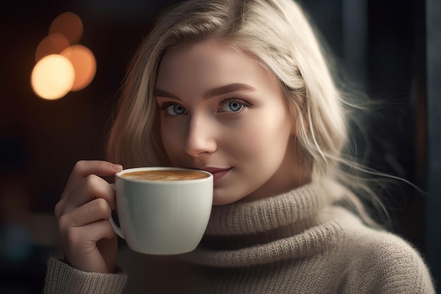 Menina bebendo cappucino caneca outono gerar Ai