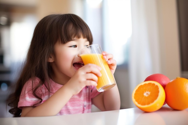 Menina bebendo suco de toranja fresco através de um canudo