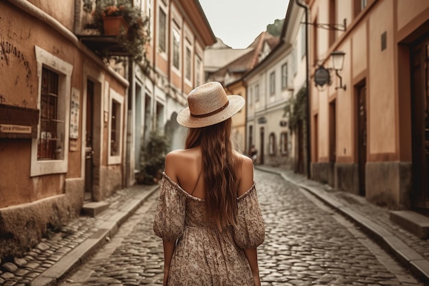 Menina Boho andando em uma rua histórica de paralelepípedos em uma velha cidade europeia retrovisor
