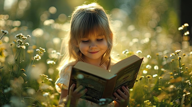 Menina bonita A menina está feliz com o livro