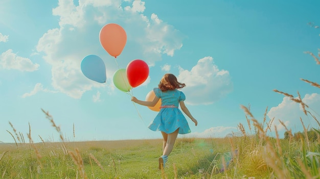 Menina bonita alegre segurando balões correndo prado verde nuvem branca e céu azul com felicidade Panorama Mãos segurando balão de ar vibrante tempos felizes sol de verão espaço de cópia ao ar livre