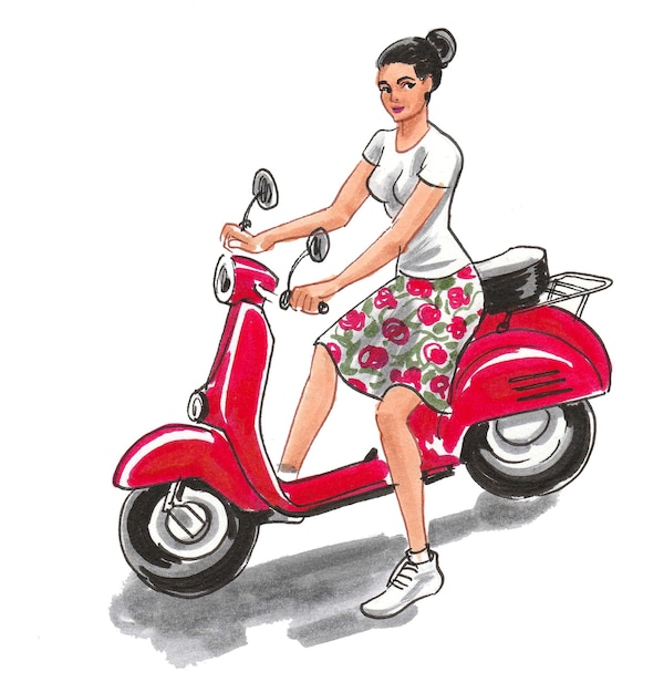 Menina bonita andando de scooter vintage. Desenho a tinta e aguarela