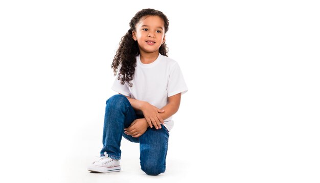 Foto menina bonita apontando para uma lâmpada desenhada