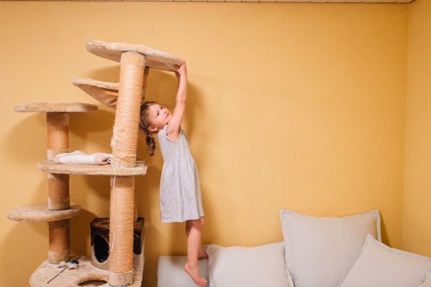 Menina bonita brinca com uma casa de gato dolorido.