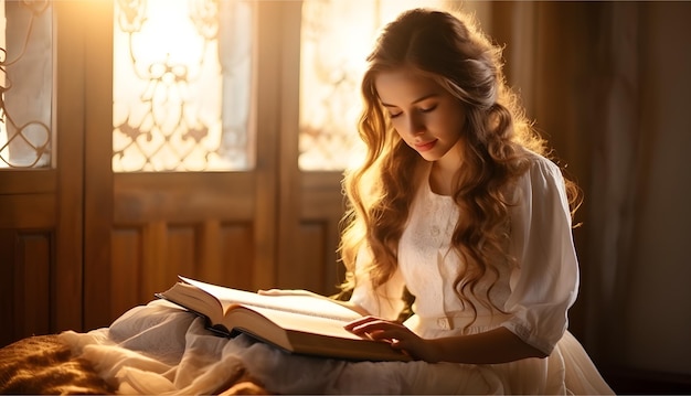 Menina bonita caucasiana lendo o livro da Bíblia Sagrada