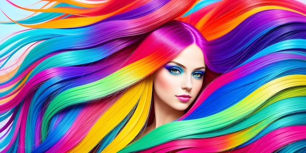 Menina bonita com cabelo colorido Jovem com maquiagem brilhante e penteado tingido de arco-íris Rosto feminino no fundo de cachos coloridos esvoaçantes Corte de cabelo profissional e coloração Generative AI