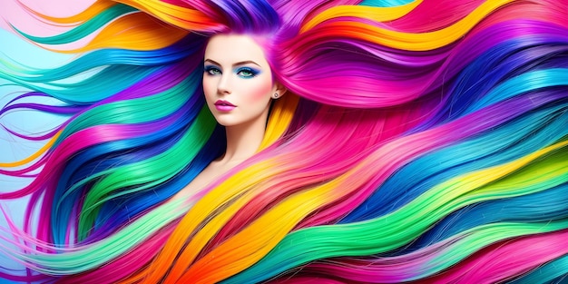 Menina bonita com cabelo colorido Jovem com maquiagem brilhante e penteado tingido de arco-íris Rosto feminino no fundo de cachos coloridos esvoaçantes Corte de cabelo profissional e coloração Generative AI