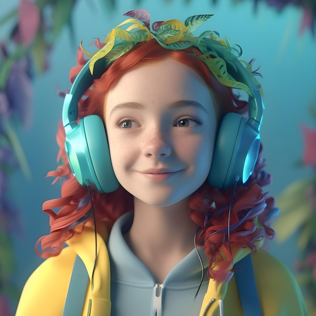 Foto menina bonita com cabelo vermelho em fones de ouvido em um fundo azul o conceito de fluxos asmr