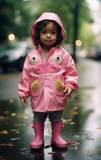 Menina bonita com cabelos loiros encaracolados em casaco de chuva rosa brincando com pedras na IA generativa