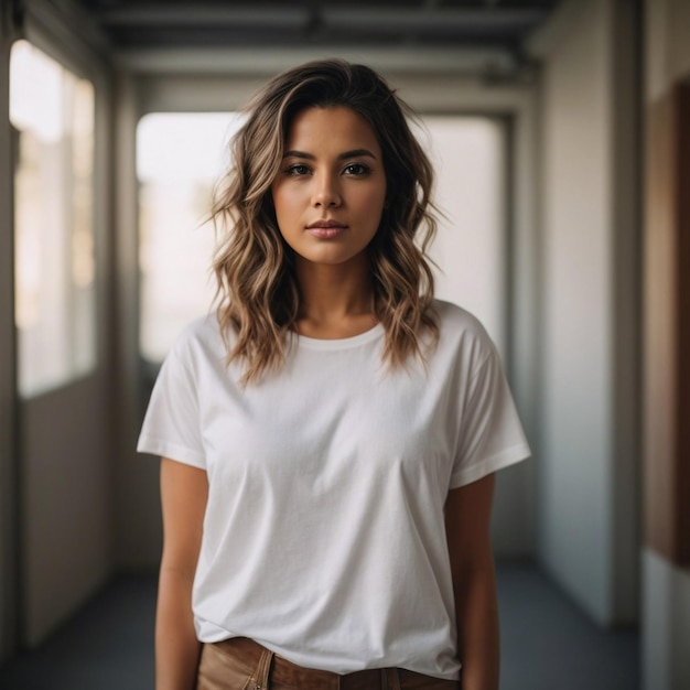 Menina bonita com camisa branca em branco maquete de roupas