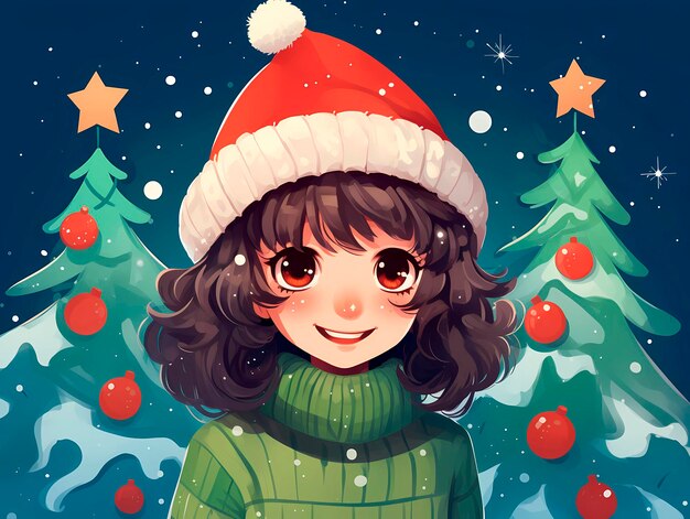 Menina bonita com chapéu de Papai Noel com árvore de Natal