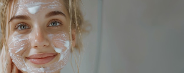 Foto menina bonita com espuma de limpeza no rosto espaço de cópia de bandeira lugar para texto cuidado da pele renovação hidratação