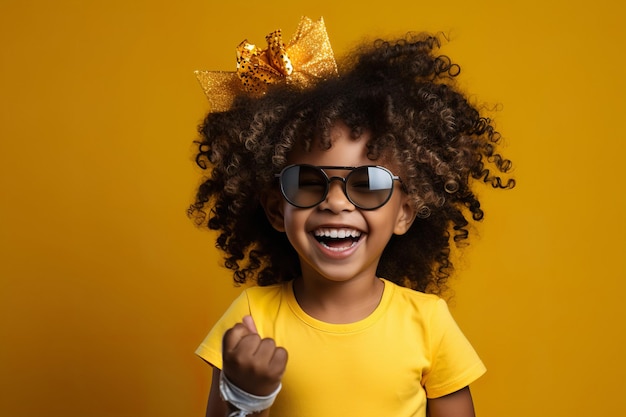 Menina bonita com fantasia amarela mostra emoções alegres