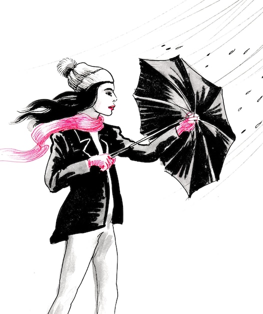 Menina bonita com guarda-chuva. Desenho de tinta preta, vermelha e branca