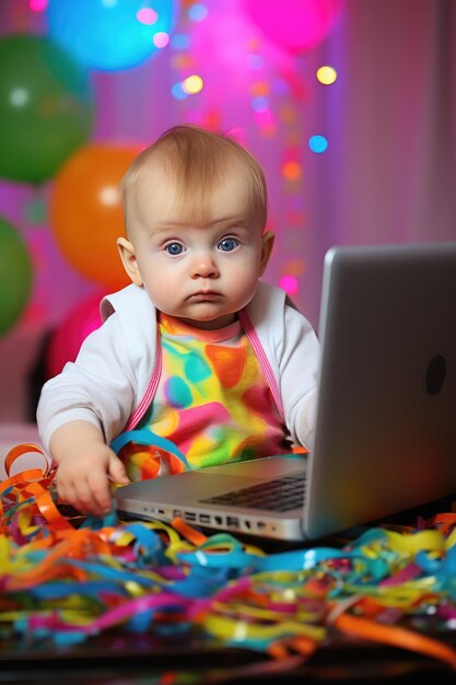 Menina bonita com laptop em festa de aniversário em fundo desfocado