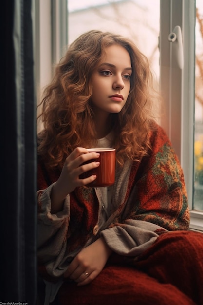 Menina bonita, com longos cabelos loiros e encaracolados, com laço vermelho de Natal e suor de inverno IA generativa