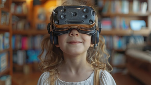 Menina bonita com óculos de realidade virtual na biblioteca conceito de tecnologia do futuro