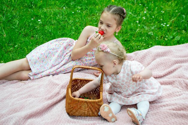 menina bonita comendo morangos de uma cesta ao ar livre