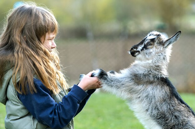 Menina bonita criança brincando com cabra pequena criança no quintal