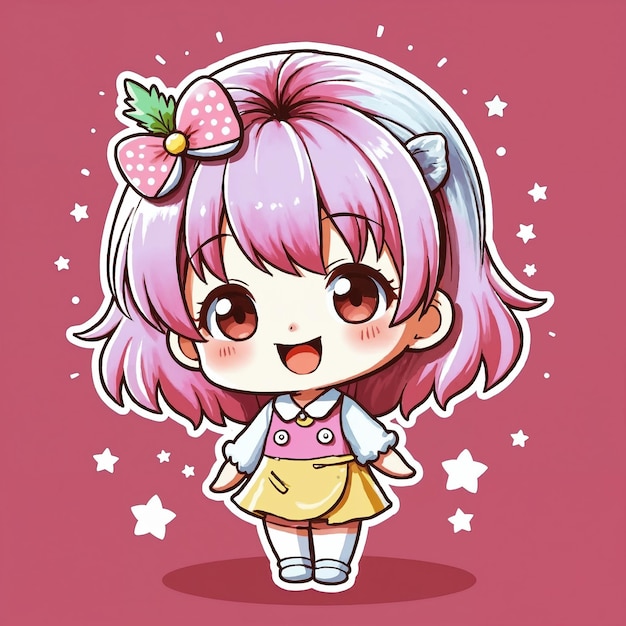 Menina bonita de anime com cabelo rosa e um laço