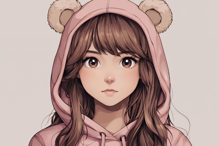 Foto menina bonita de anime com capuz rosa e orelhas de urso