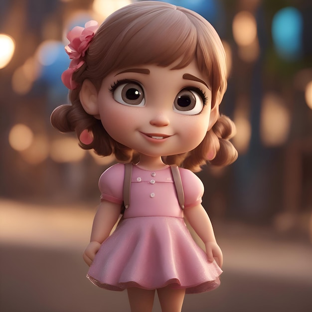 Foto menina bonita de desenho animado em um vestido rosa renderização 3d