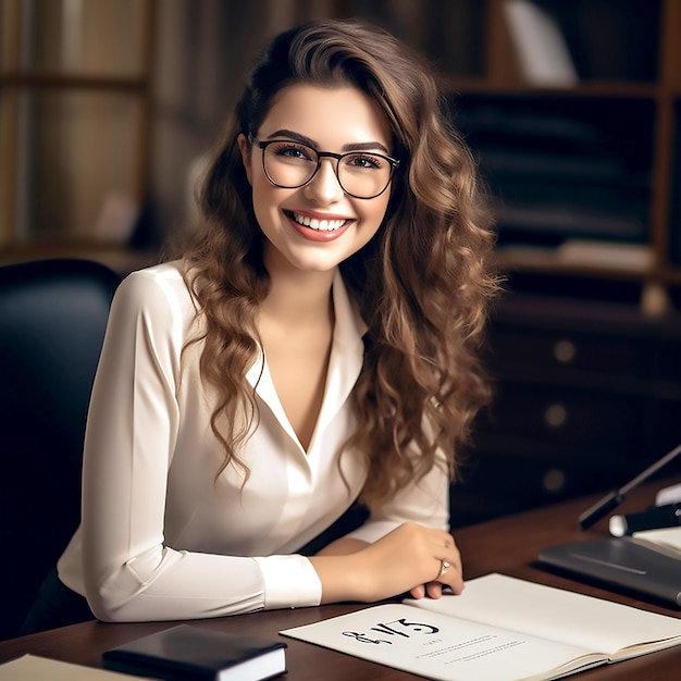 Menina bonita de óculos e uma camisa leve, sentada no escritório