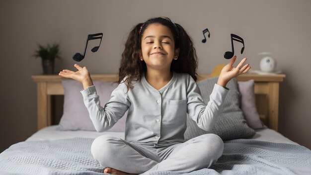 Menina bonita de pijama cinza ouvindo música com os olhos fechados enquanto está sentada em sua cama