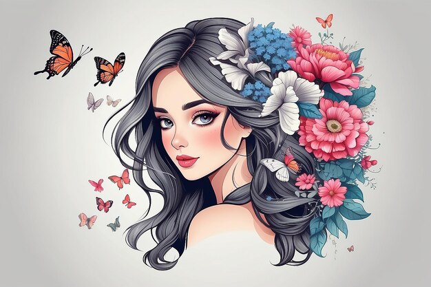 Foto menina bonita desenhada à mão com um buquê de flores e borboletas ilustração vetorial