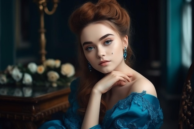 Menina bonita e bonita em vestidos azuis com belos penteados e maquiagem sentada