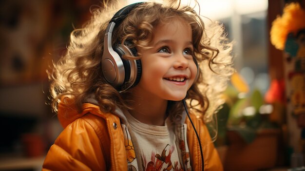 menina bonita e feliz ouvindo música com fones de ouvido