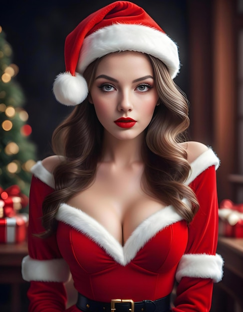 Menina bonita e sexy vestindo roupas de Papai Noel sobre fundo de Natal