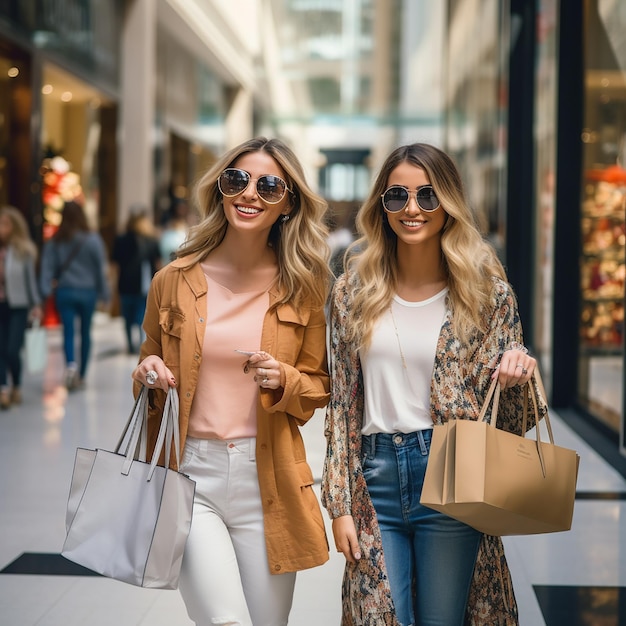 Menina bonita elegante em óculos de sol está andando com sacolas de compras multicoloridas