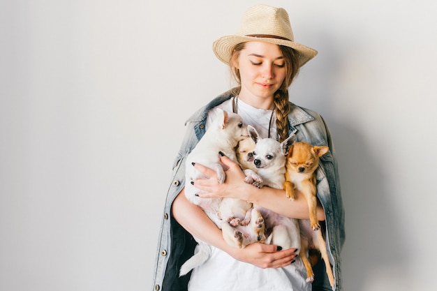 Menina bonita elegante, segurando quatro filhotes de cachorro chihuahua nas mãos