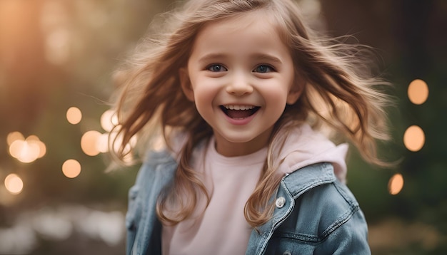 menina bonita em jaqueta de jeans sorrindo e olhando para a câmera no parque