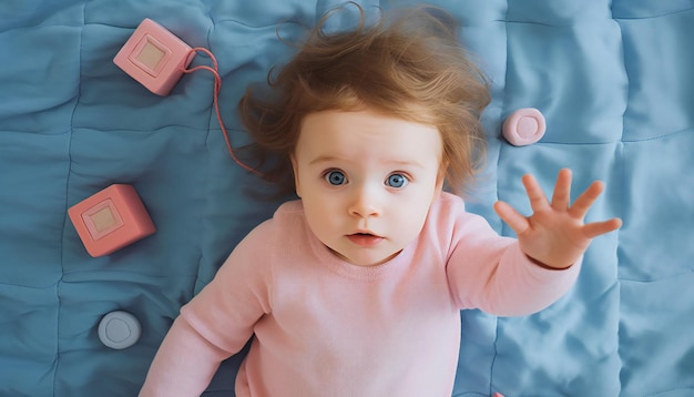 Menina bonita em rosa no tapete de bebê azul Ilustração generativa de ai