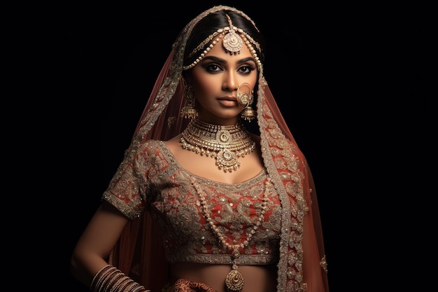 Menina bonita em traje de noiva tradicional indiano paquistanês com maquiagem pesada e jóias