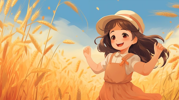 Menina bonita em um campo de trigo Ilustração infantil