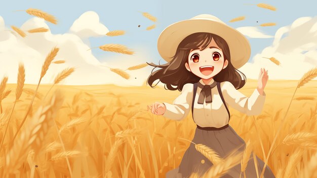 Menina bonita em um campo de trigo Ilustração infantil