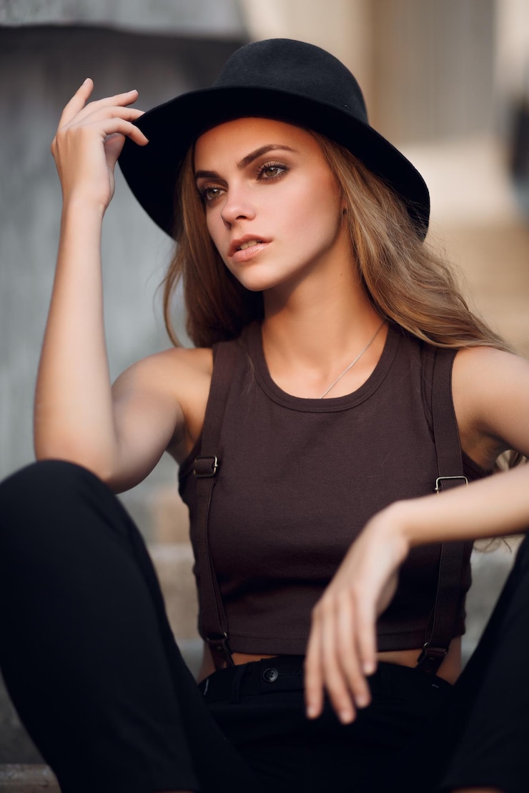 Foto menina bonita em um top curto elegante e chapéu preto