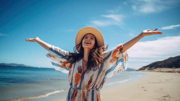 Menina bonita esticando o braço ao ar livre na praia