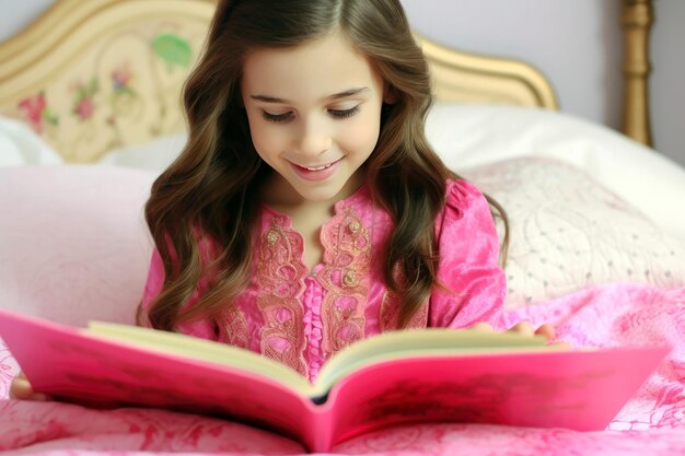 Menina bonita lendo em casa na cama um livro de contos de fadas para crianças