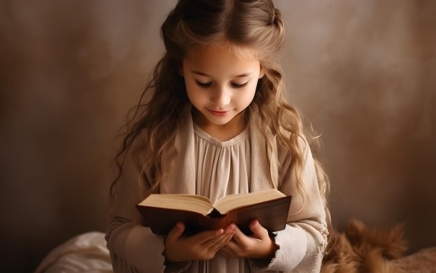 Menina bonita lendo livro bíblico Adoração em casa Escola dominical