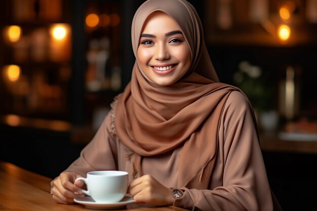 Menina bonita malaia com elegante hijab sentado na cadeira no restaurante de café