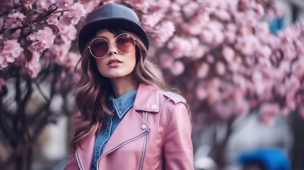 Menina bonita na moda usando elegantes óculos de sol aviador azul