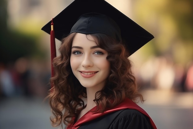 Menina bonita no dia da formatura vestindo um terno e um boné de formatura e posando na frente da faculdade